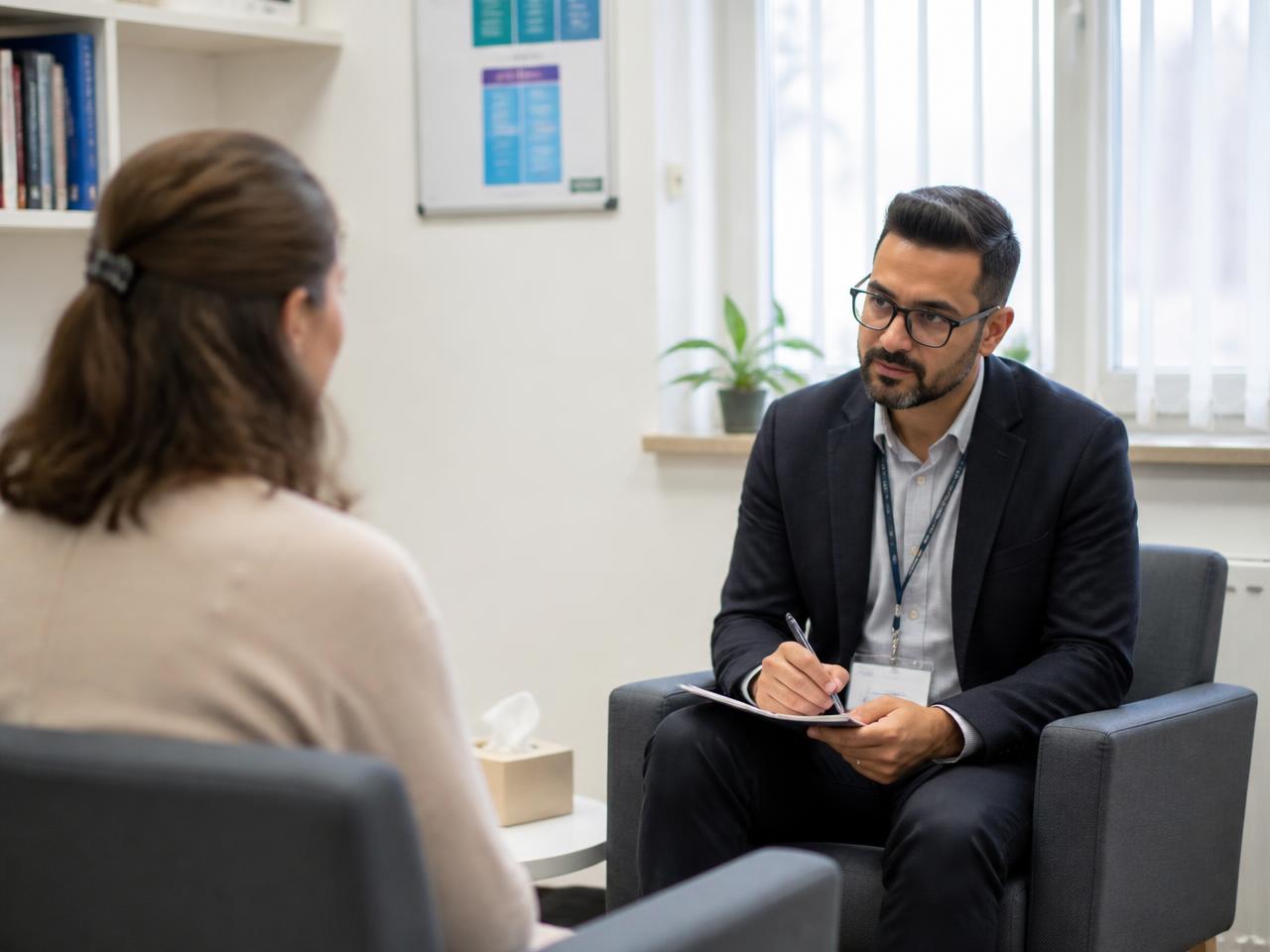 Profesional de la psicología durante una consulta en un despacho público